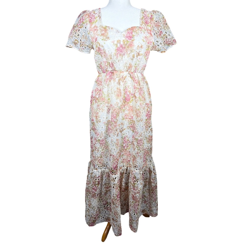 Solitaire Floral Eyelet Maxi Dress Pink Gold Sweetheart Puff Sleeve 23-846